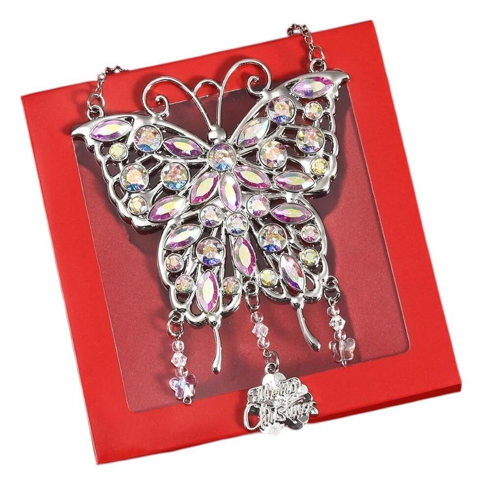 Christmas Rhinestone Silver Butterfly Window Decor Wind Chime Ornament